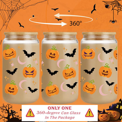 Halloween Gifts for Women 16oz Pumpkin Bat Coffee Glass Cup with Lid & Straw, Boo Basket Stuffers Fall Themed Gifts for Her, Sister, Friend