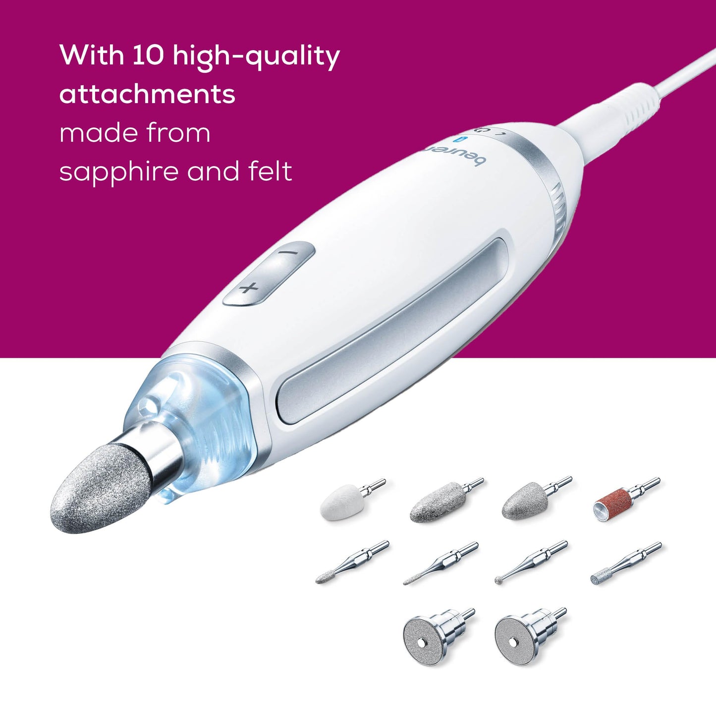 Beurer MP64 Nail Drill Kit, Cordless Electric Nail File with 10 Attachments and LED Light, Electric Manicure Set with Adjustable Speed, E-File for Manicure and Pedicure, with Storage Case