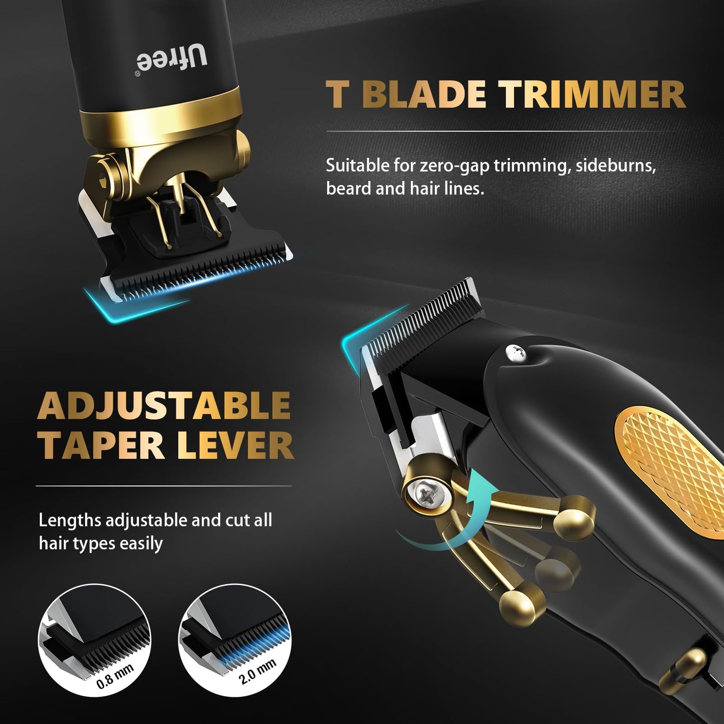 Ufree Hair Clippers for Men, Professional Clippers and Trimmers Set, Cordless Clippers for Hair Cutting, Beard Trimmer, Barber Clippers, Rechargeable Electric Shaver, Gifts for Men, Black Gold