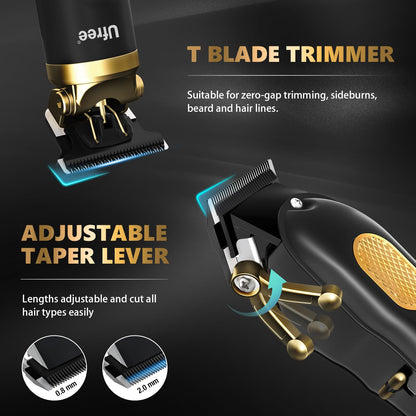 Ufree Hair Clippers for Men, Professional Clippers and Trimmers Set, Cordless Clippers for Hair Cutting, Beard Trimmer, Barber Clippers, Rechargeable Electric Shaver, Gifts for Men, Black Gold