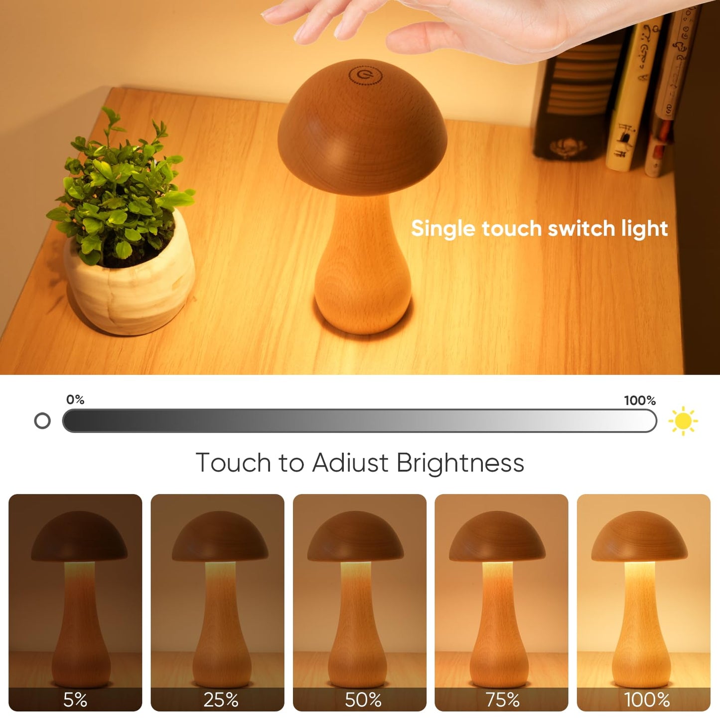 Wooden Small Mushroom Lamp, Touch Switch Cordless Table Lamp for nightstand, Rechargeable Battery Operated Night Light, 360 Degree Rotation Adjustable, Stepless Dimming Desk Lamps for Living Room