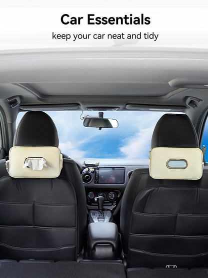 2 Pack Multi-Functional Car Tissue Holder with ‌2 Tuck Nets, Upgraded PU Leather Tissue Box Cover, Large Rectangle Napkin Storage Organizer, Keep Car Tidy, Beige