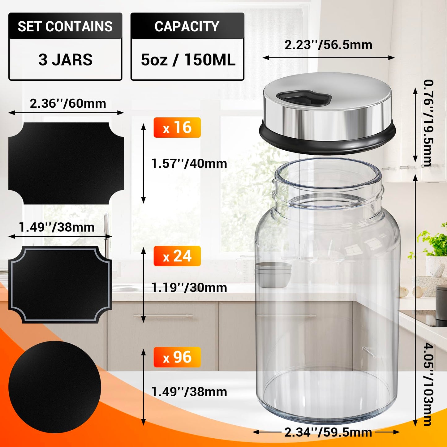 Segarty Spice Jars with Label, 3 Pack 5 oz Empty Glass Spice Jar with Shaker Lids, Salt and Pepper Shakers Set with 136 Stickers, 1 Chalk Marker, 1 Brush, Seasoning Bottles with Ajustable Holes