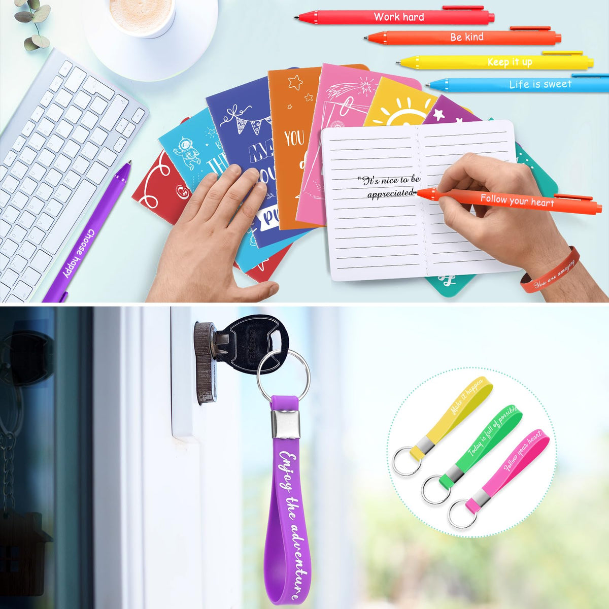 PerKoop 64 Pcs Inspirational Gifts Bulk 16 Motivational Notebooks Journal 16 Ballpoint Pens 16 Wristbands 16 Keychains for Teacher Office Women Employee Party Favor(Watercolor)