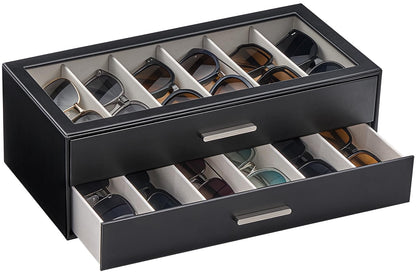 Lolalet 12 Slots Sunglasses Organizer, 2-Layer Sunglass Box with Transparent Glass Lid Display Case Storage Holder for Eyewear Eyeglass Multiple Pairs Glasses, Mothers Day Gifts-Black