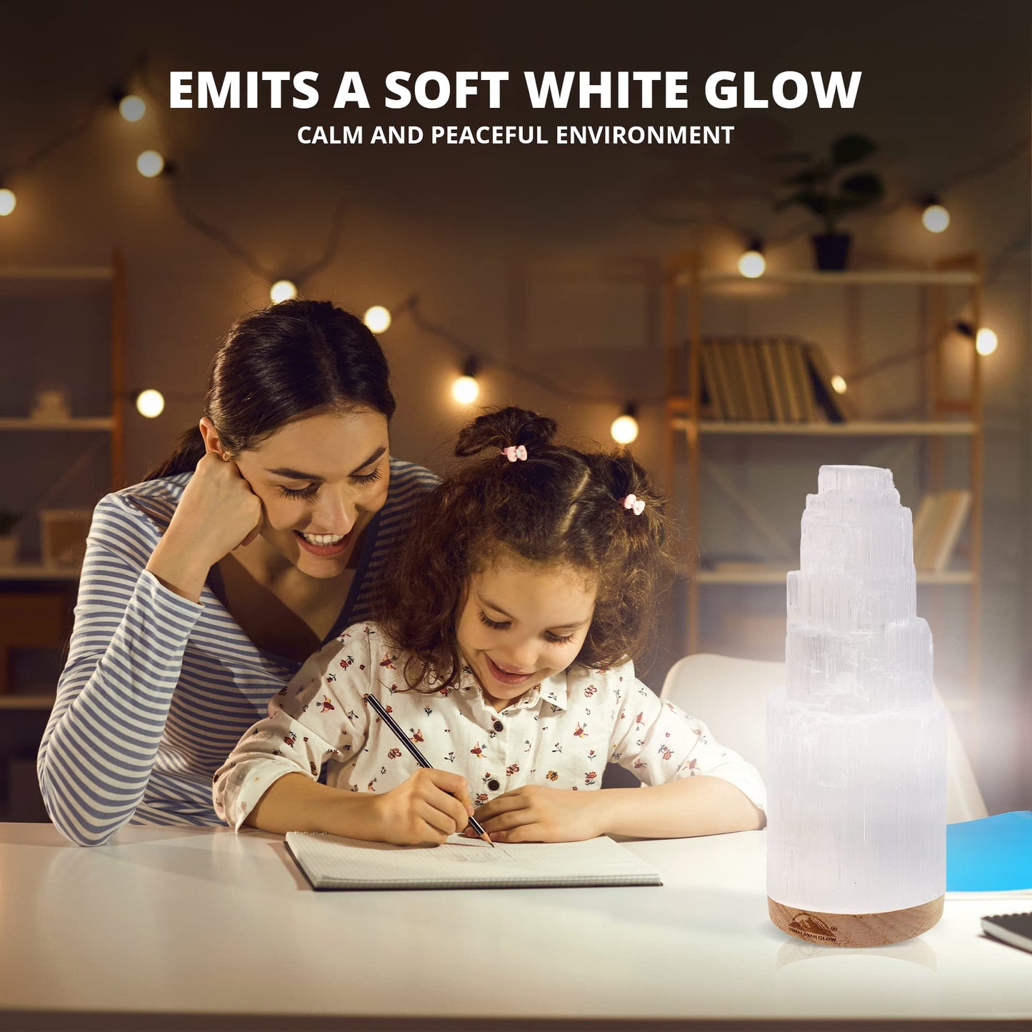 Himalayan Glow Selenite Crystal Lamp 20cm Large, Hand Curved Crystal Lamp with (ETL Certified) Wooden Base & USB Charging Cable for Home Décor - White