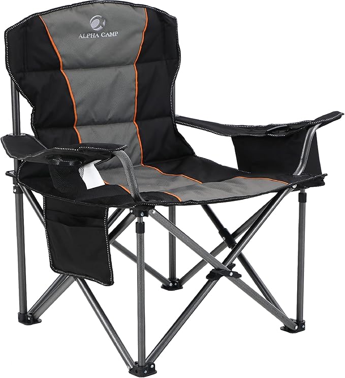 ALPHA CAMP Heavy Duty Camping Chair 500LBS Capacity, Oversized Folding Chair for Heavy People, Padded Portable Outdoor Chair with Cooler Bag & Cup Holder for Camping, Fishing, Beach