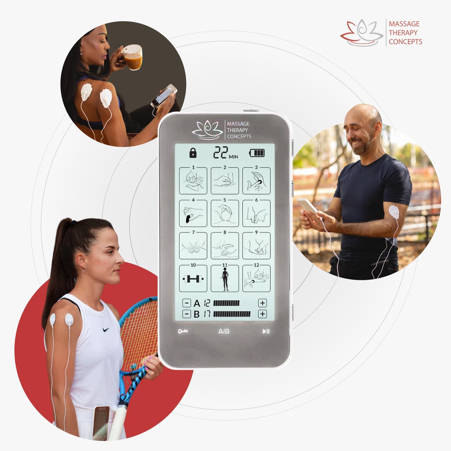 Massage Therapy Concepts Deluxe TENS Unit Muscle Stimulator & Accessories - Non-Invasive EMS Machine for Neck & Back Pain Relief, Sciatica - Electrotherapy with 12 Modes & 20 Intensity Levels