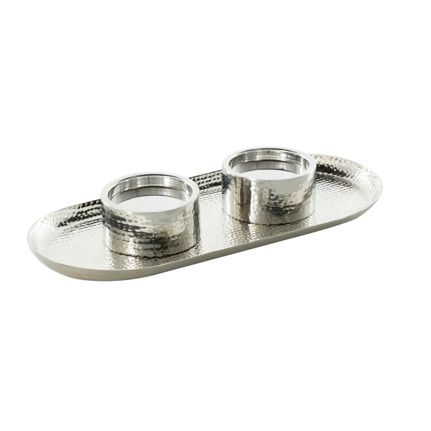 Deco 79 Stainless Steel Metal Decorative Candle Holder Hammered Candle Stand with Oval Tray Plate, Candlestick Holder 16" x 7" x 2", Silver