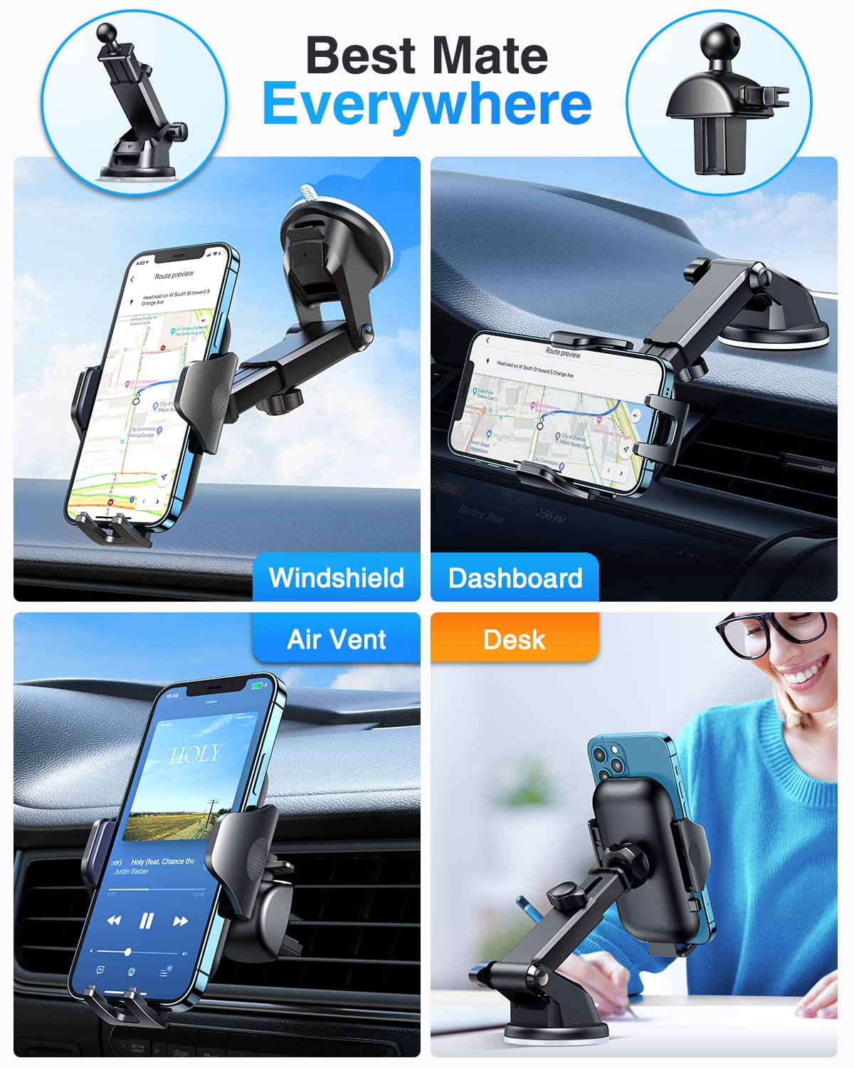 VANMASS No.1 Top BEST Car Phone Holder [Ultimate True Military-grade] Universal Mobile Cell Windscreen Dashboard Cradle Upgraded Suction & Clip Vent Van GPS Vehicle Mount for iPhone All Smartphones