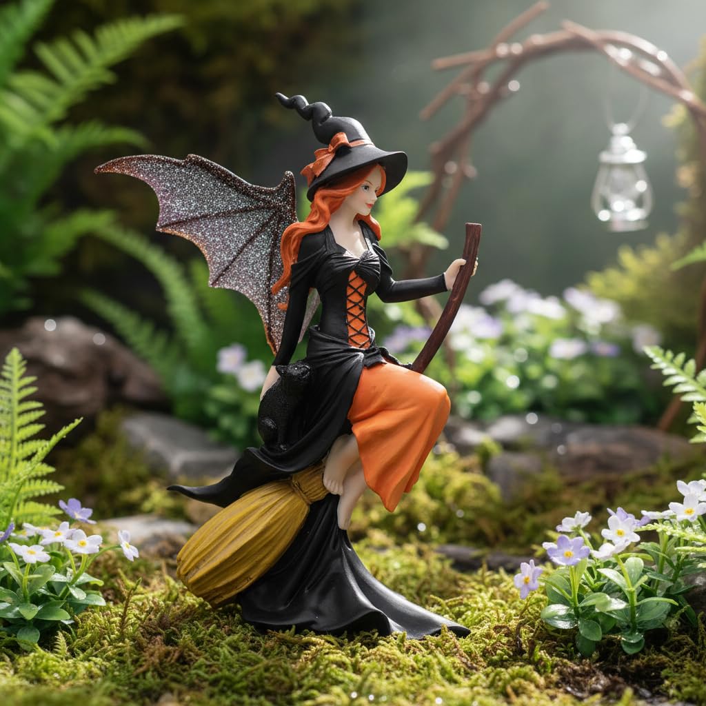 Comfy Hour 8" Gothic Fairy Witch Figurine on Broom, Fantasy Sorceress Statue with Mystical Wings, Spooky Halloween Indoor Decor Accent, Polyresin Artisan Crafted Sculpture, 1 Unit