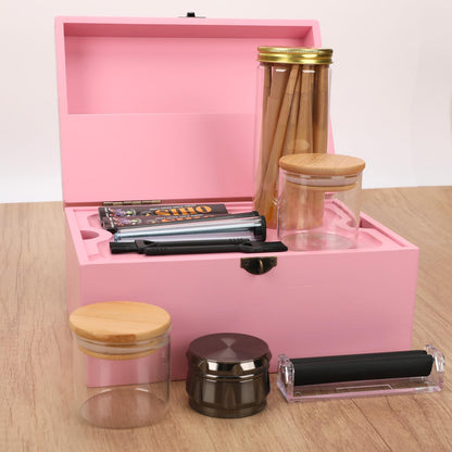 Coozyupper Large Bamboo Storage Box with Removable Tray Kit - Decorative Box Set, Glass Jars, and Accessories Wooden Storage Kit and Accessories Tool.Birthday Gifts