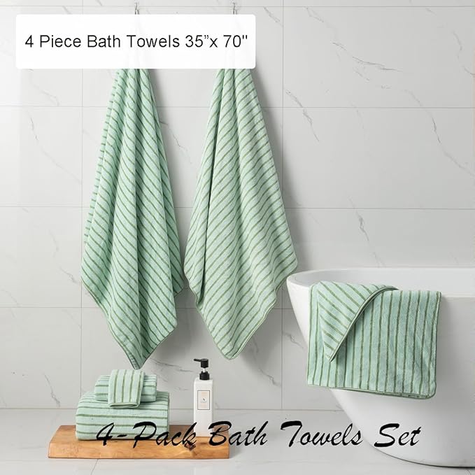 Oliven 4 Piece Green Cabana Stripe Large Bath Towels Oversized Bath Sheet Super