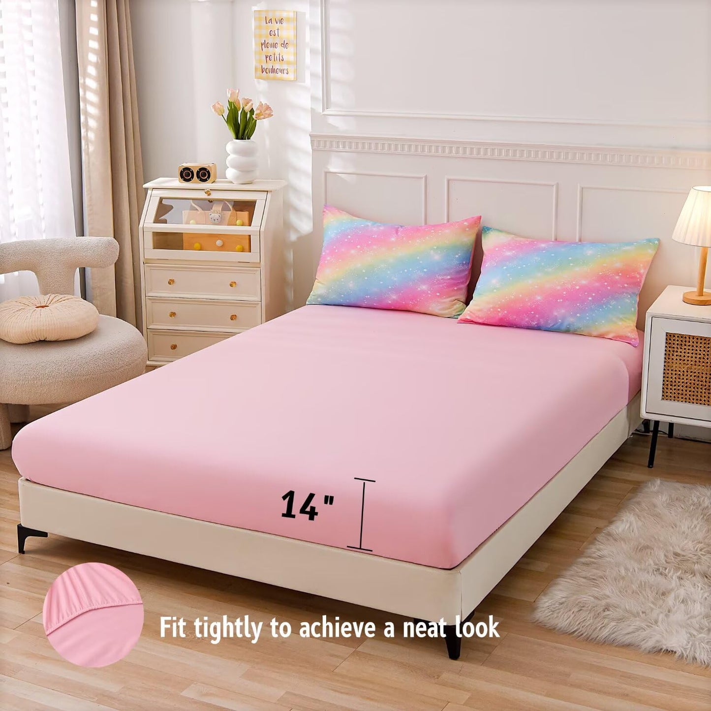 GRAT TIOC 6 Pieces Pink Twin Comforter Set for Girls,Kids Glitter Galaxy Rainbow Bedding Sets Bed in A Bag (1 Comforter, 1 Flat Sheet,1 Fitted Sheet,2 Pillowcases and 1 Cushion Cover)