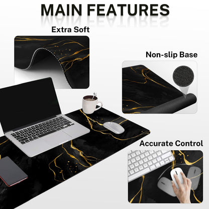 Britimes Black Gold Marble Keyboard Mouse Pad Set 4in1 Large Mousepad+Keyboard Wrist Rest+Mouse Wrist Rest+Coaster Ergonomic Design for Home Office Computer 35.4x15.7 inches