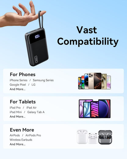 INIU 45W Portable Charger, Smallest 20000mAh Power Bank with Build in USB-C Cable, Fast Charging USB C in&Out Battery Pack, Travel Phone Charger for iPhone 17 16 15 Air Samsung S25 S24 Google iPad etc