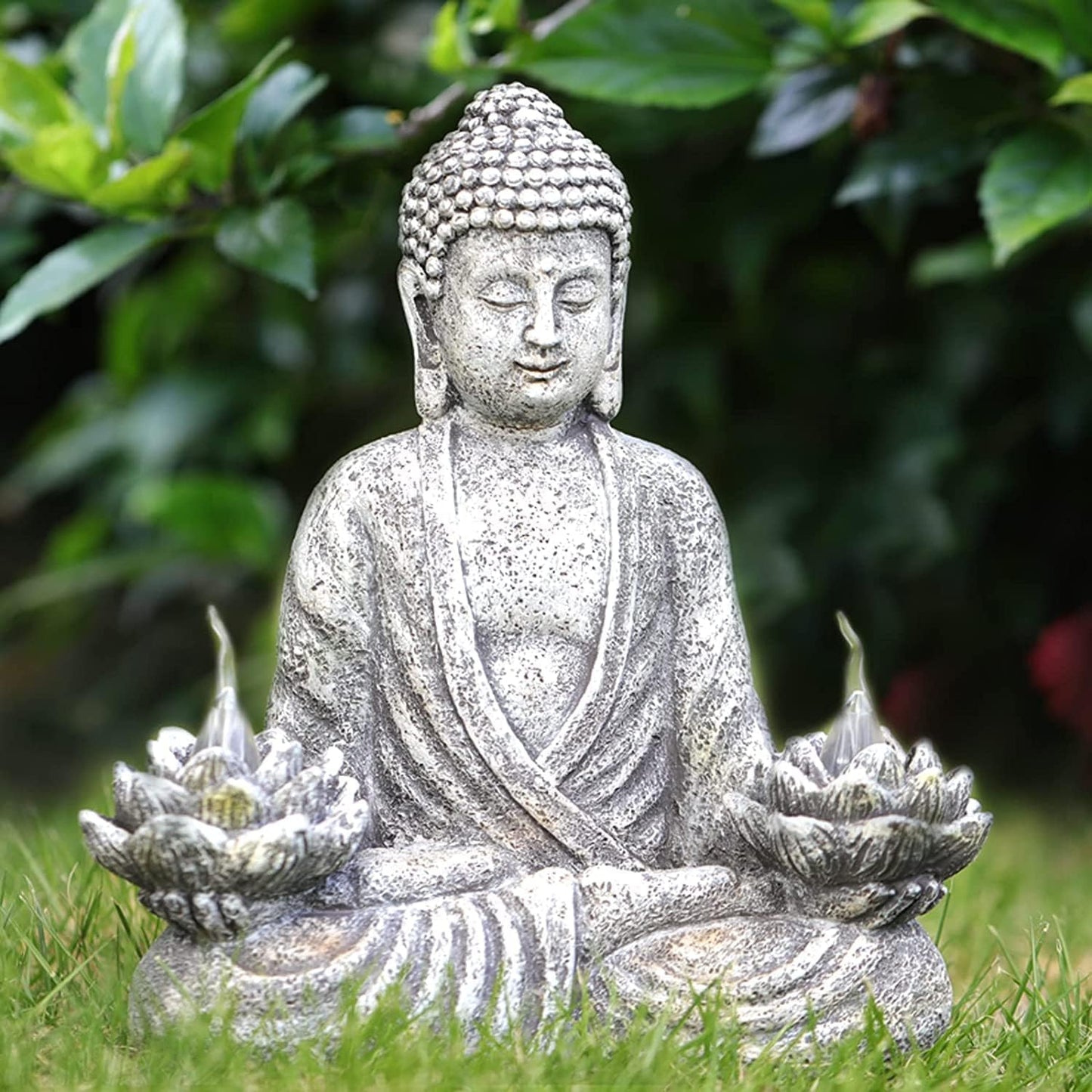 IVCOOLE Buddha Statue Zen Sculpture 11.4in Yoga Garden Decor with LED Solar Lotus Lights, Sitting Meditating Buddha Serene Resin Figurine for Patio Yard Lawn Ornaments,Inside or Outside