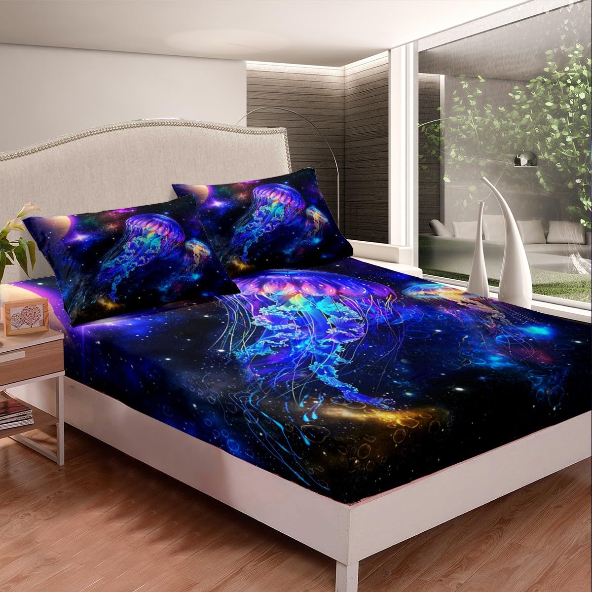Castle Fairy Jellyfish Galaxy Bed Sheet Set King Size,Blue Nebula Spaceship Bedding Set(1 Fitted,1 Flat,2 Pillowcases),Universe Stars Planets Luxury Deep Pocket Fitted Sheet
