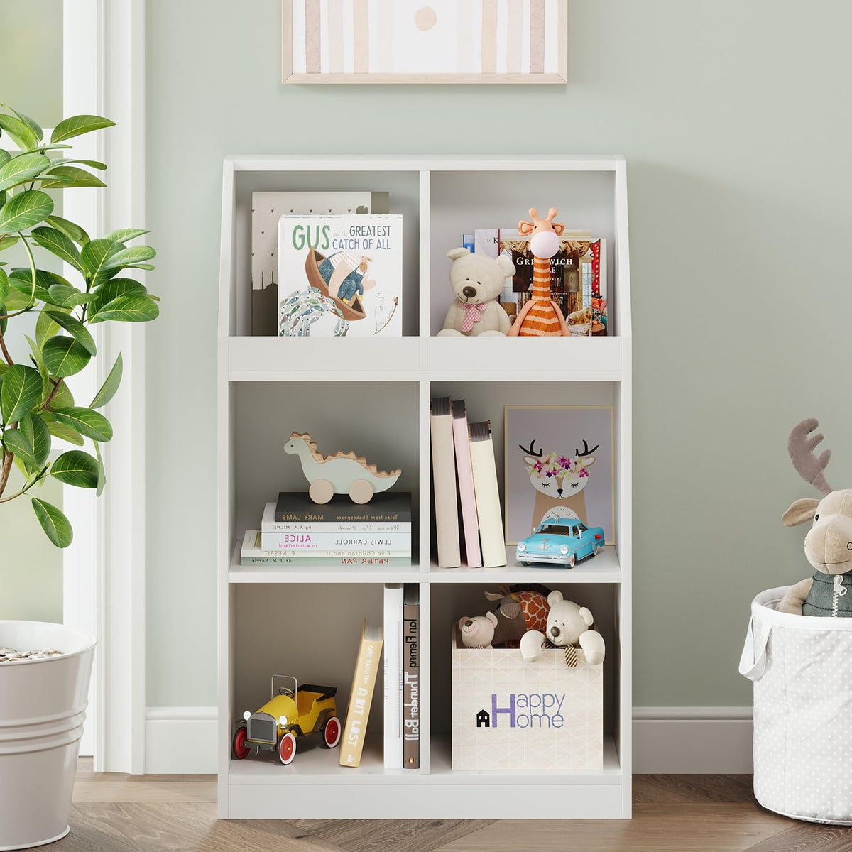 NELYE 6-Cube Wooden Storage Bookcase - 11-Inch Open Shelf Cabinet, Simple Modern Bookshelf Organizer for Home Office, Living Room, White