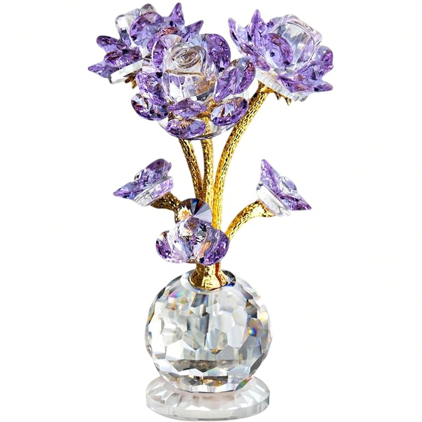 QFkris Purple Crystal Rose Flower Figurine Collectible Statue 6" Glass Flowers with Stems Ornament Home Decor for Valentines Day Thanksgiving,Christmas,Wedding,Mothers Day,Centerpiece,Gift for Women