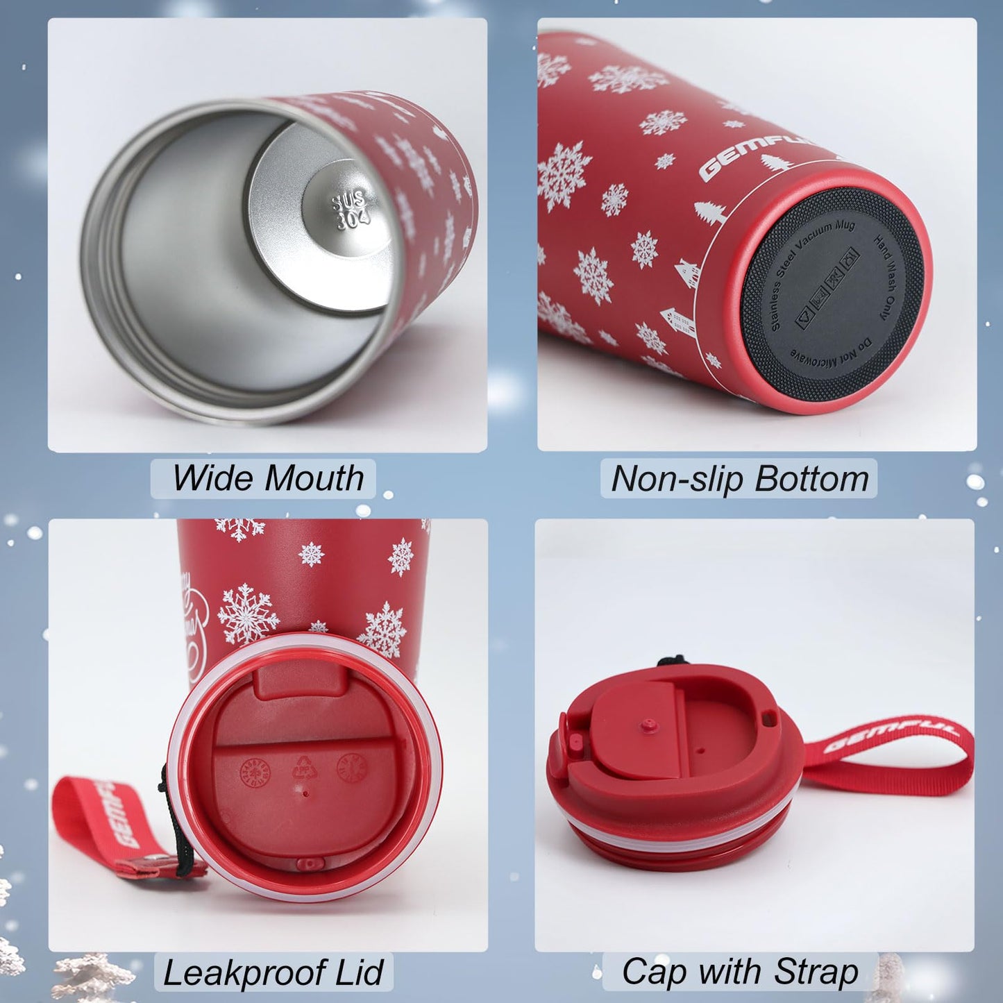 GEMFUL Chirstmas Coffee to go Cup for Her or Him 17oz Double Walled Vacuum Leak Proof Travel Coffee Mug for Hot Drinks (Red)