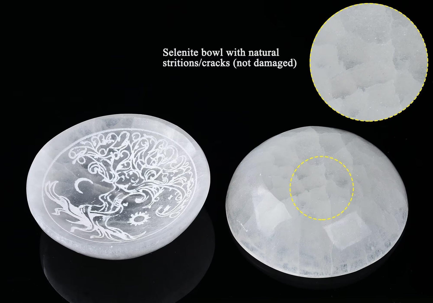 AMOYSTONE Natural Selenite Charging Bowl with Tree of Life Engraving 3.5-4'' Energy Cleansing Crystal Plate for Healing Meditation and Spiritual Home Decor