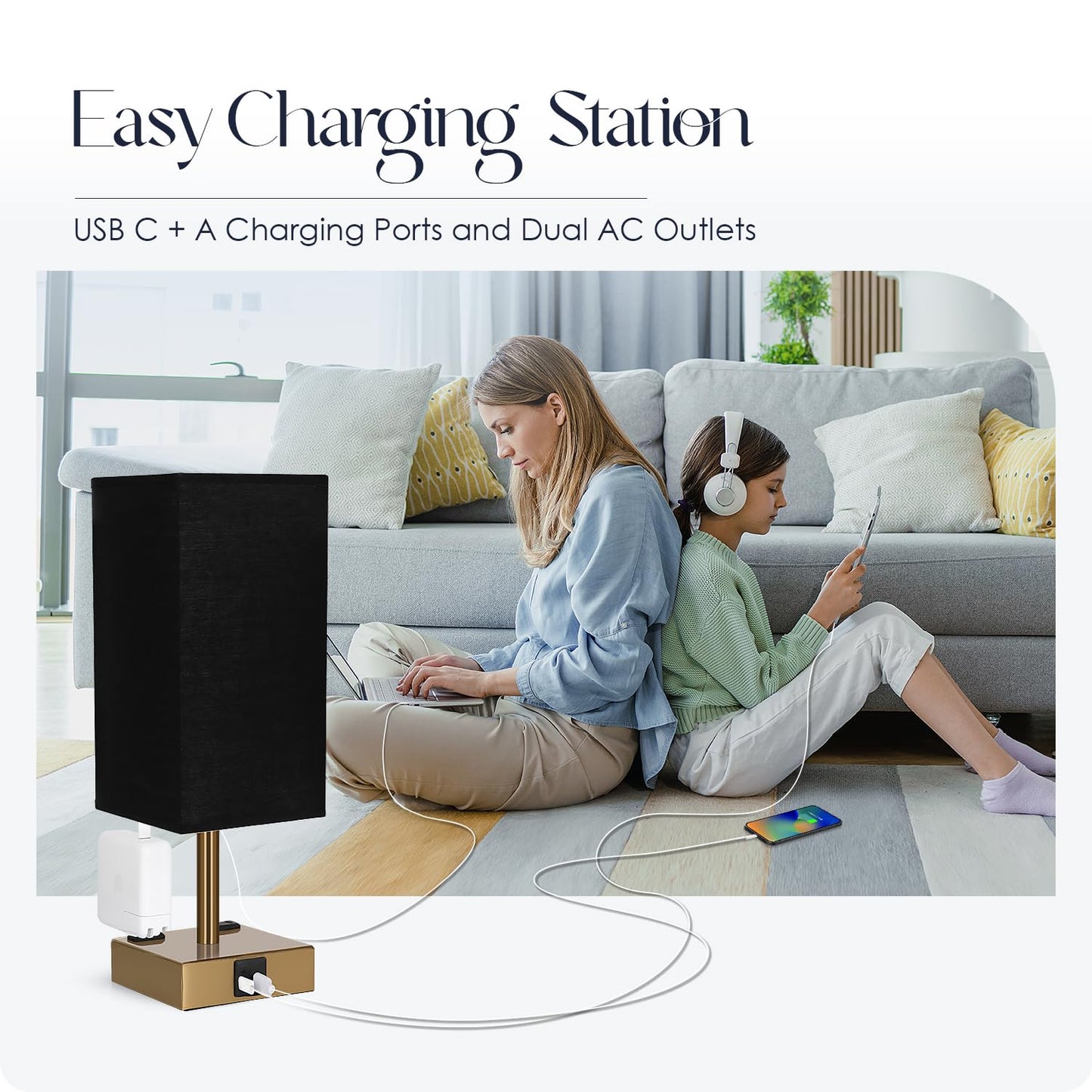 Soilsiu Bedside Lamp with USB Ports - Touch Control Table Lamp for Bedroom with USB C+A Charging Ports & AC Outlets, 3 Way Dimmable Nightstand Light for Living Room (LED Bulb Included, Brass - Black)