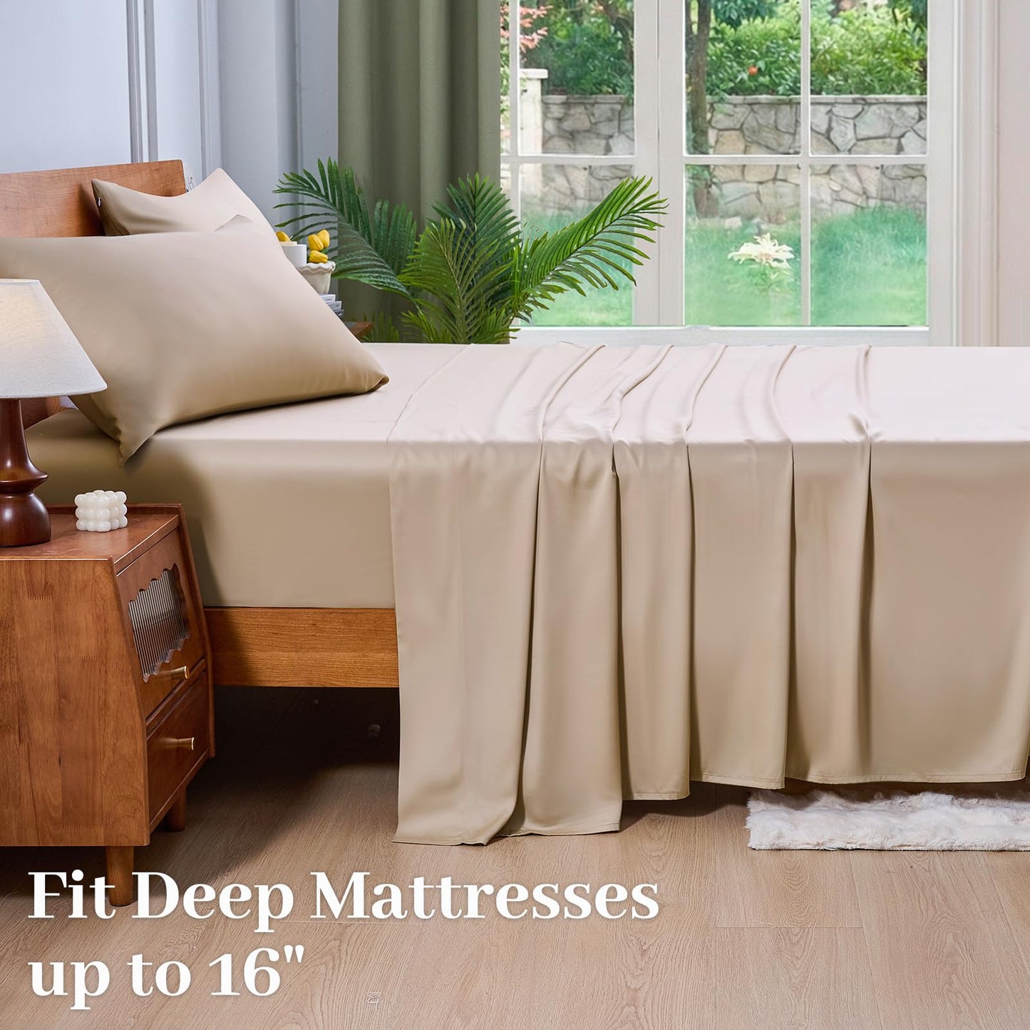 YIYEA 100% Viscose Derived from Bamboo Sheets, 600 Thread Count Cooling Bed Sheet Set for Hot Sleepers, Silky Soft, Breathable, 16" Deep Pocket, 4PC, King, Beige