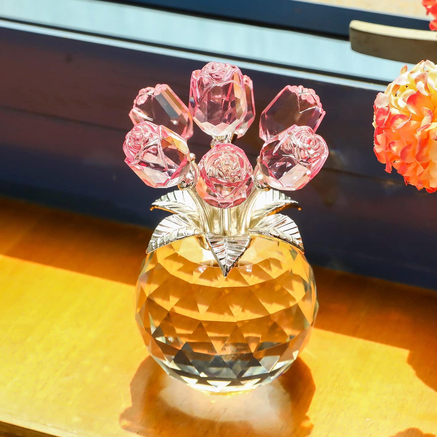Movdyka Pink Rose Flower Crystal Figurine with Vase, Bouquet Flowers Ornament Gifts for Wife Girlfriend Women, Handmade Crystal Flower Collectible Home Table Decor for Wedding Anniversary
