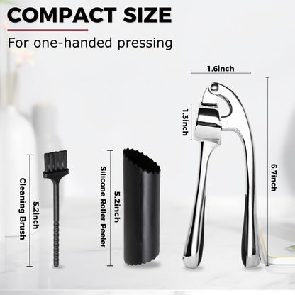 Kitessensu High Effective Premium Garlic Press Set, With Silicone Garlic Peeler & Brush, Heavy Duty Garlic Mincer, Easy to Squeeze and Clean, Rust Proof - Gloss Silver