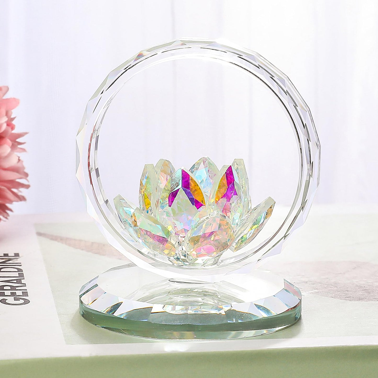 LONGWIN Crystal Lotus Flower Basket Figurine Collectible Glass Flowers Art Decor Reflection Feng Shui Decorative Ornaments for Living Room Bedroom Office AB - Coated