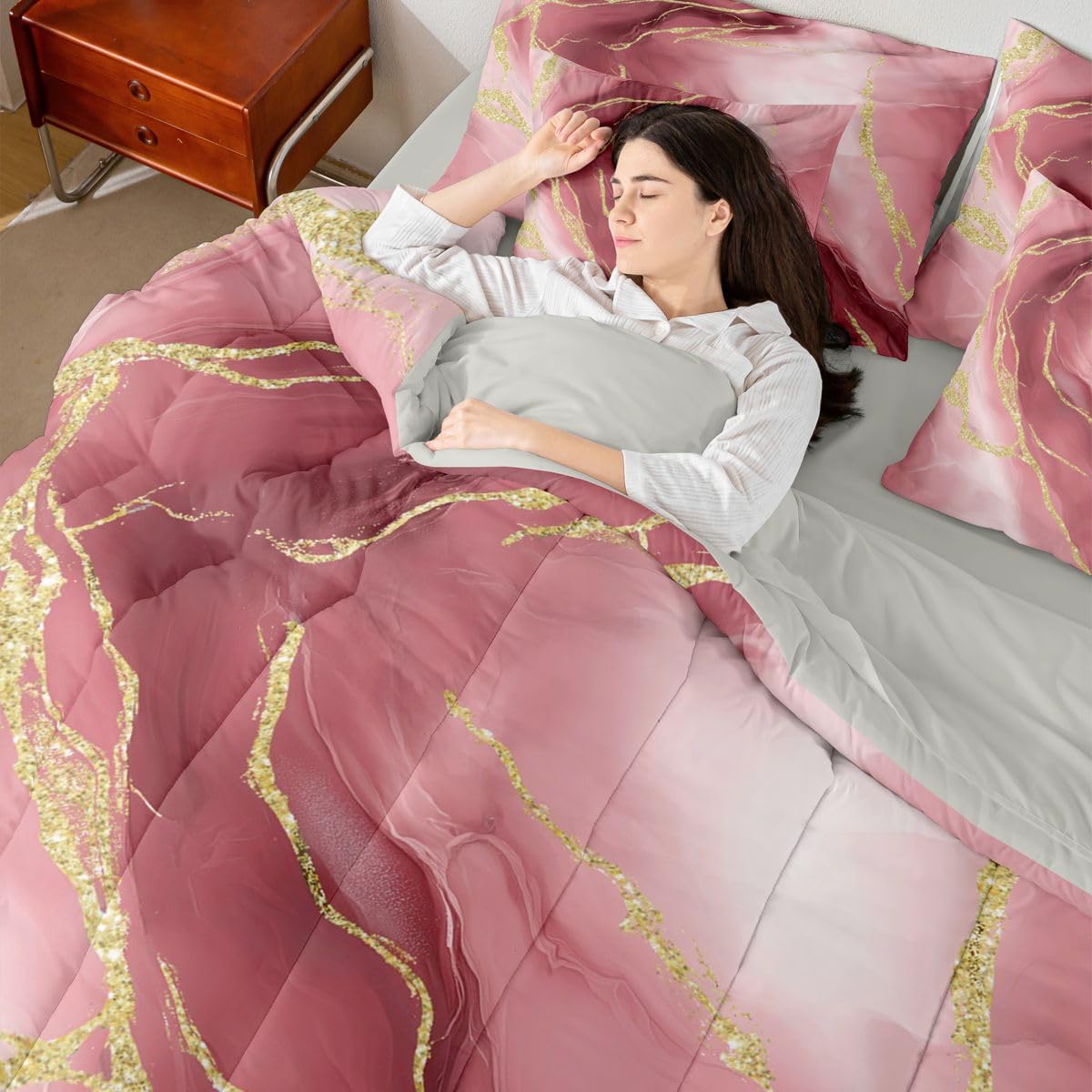 Erosebridal Burgundy Marble Bedding Set King Gradient Texture Marbling Comforter Set 7 Piece Modern Watercolor Aesthetics Bed in A Bag Gold Abstract Luxury Metallic Fluid Quilt with Flat Fitted Sheet