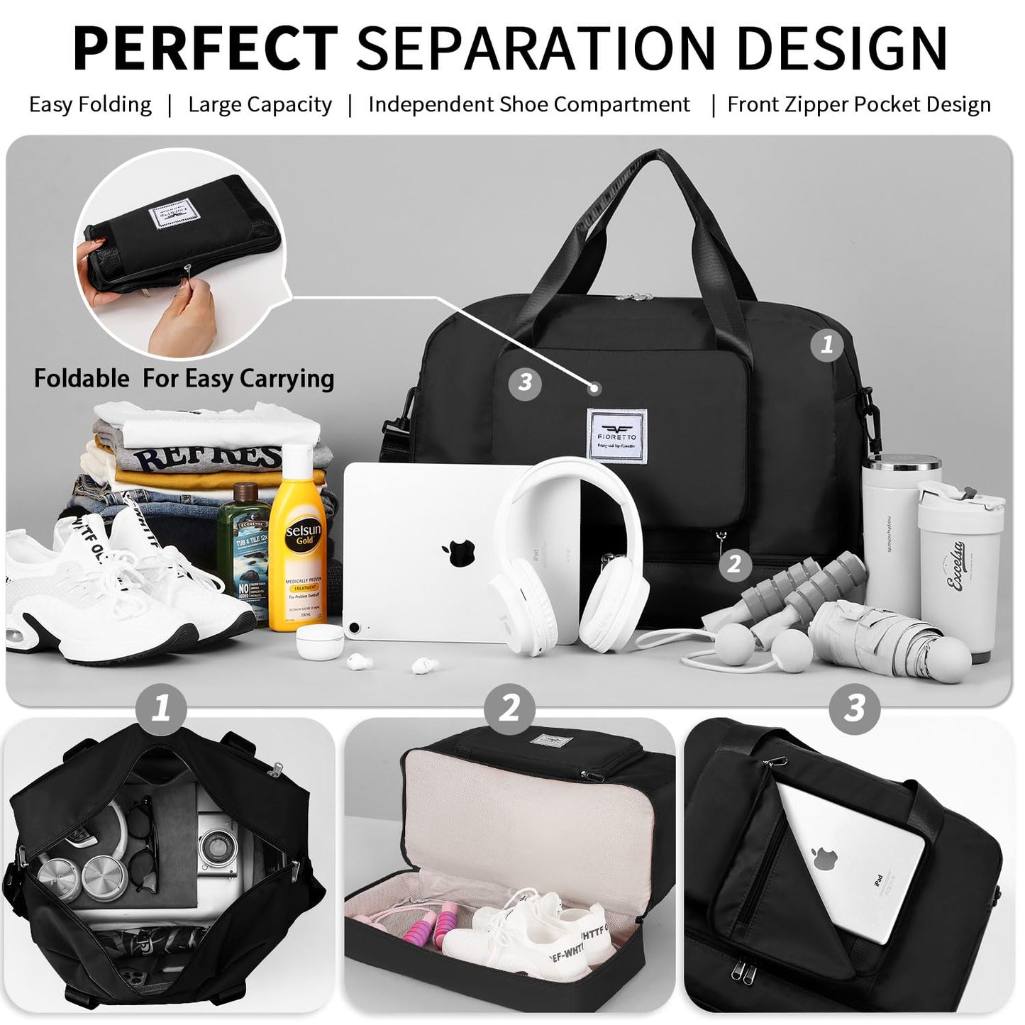 FIORETTO Womens Foldable Weekend Bag Overnight Hospital Bag with Shoes Compartment & Wet Pocket, Water Resistant Gym Bag Duffle Bag Travel Bag Holdall for Women Men Black