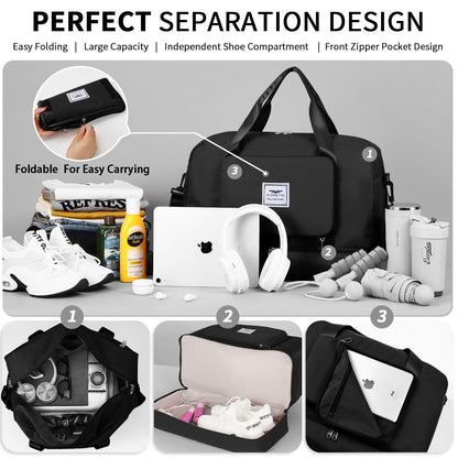 FIORETTO Womens Foldable Weekend Bag Overnight Hospital Bag with Shoes Compartment & Wet Pocket, Water Resistant Gym Bag Duffle Bag Travel Bag Holdall for Women Men Black