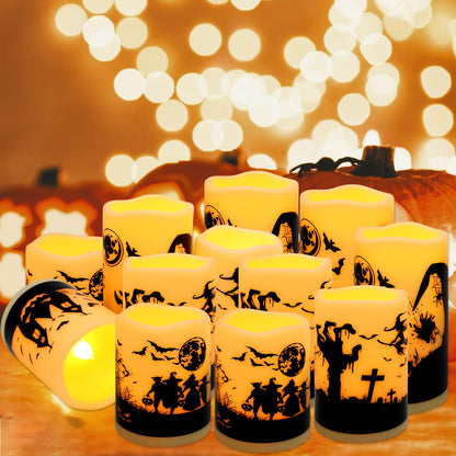 CLTNIKET 12-Pack Halloween Ink Painting Large Electronic Waxes with Remote Control, Flameless LED Candles for Halloween Spooky, Halloween Ambient Sense Artifacts.
