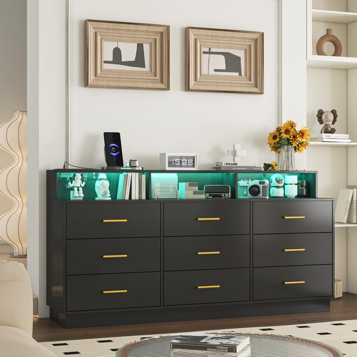 knoworld Black 9 Drawer Dressers for Bedroom, Modern Large Dresser with LED Light and Power Outlet, Wooden Long Dressers, Triple Dresser for Bedroom, Entryway, Hallway