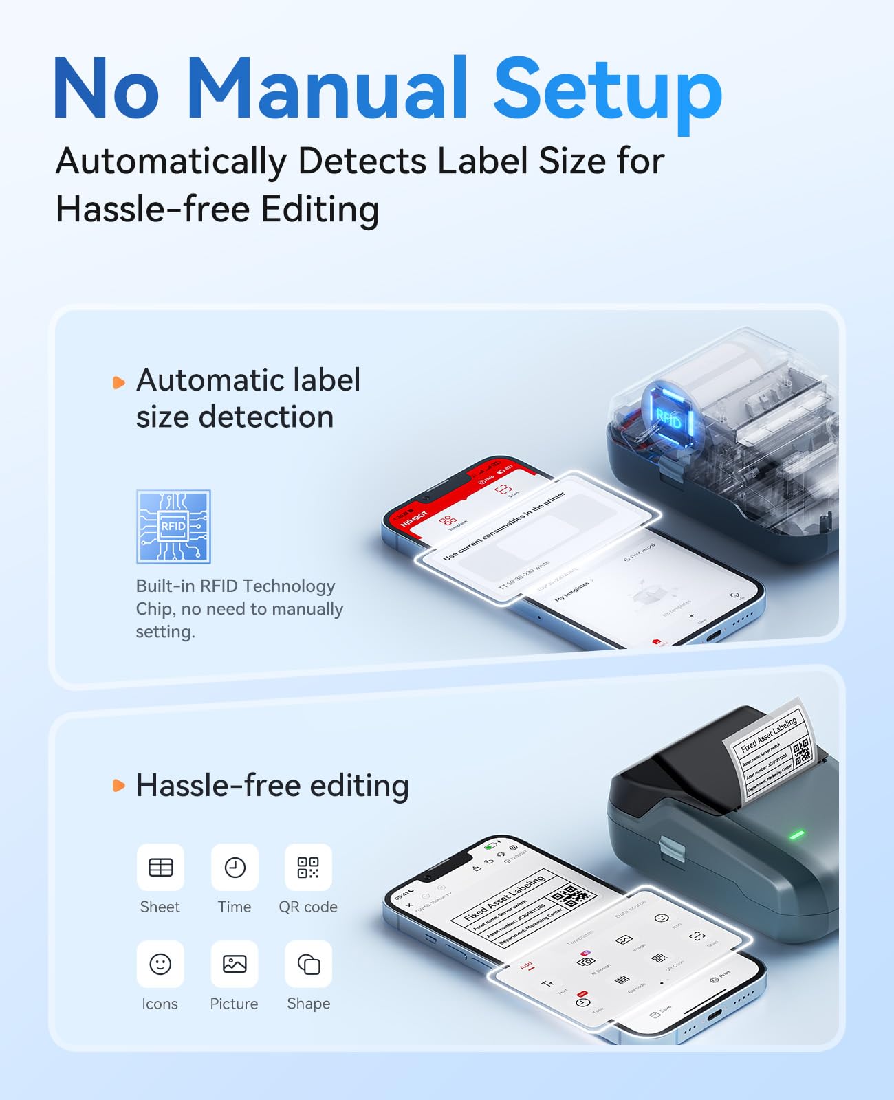 NIIMBOT B1 Label Maker Machine, 2 Inch Bluetooth Thermal Label Printer, Easy to Use Sticker Printer Compatible with iOS and Android, with 1 Roll Waterproof Labels for Retail, Office, Home (Blue)