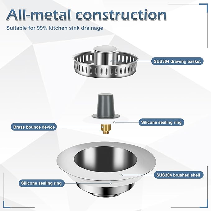 3 in 1 Kitchen Sink Drain Strainer ，304 Stainless Steel Kitchen Sink Stopper