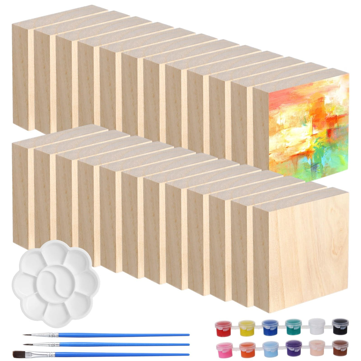 24 PCS Unfinished Wood Block, 4 x 4 x 1 in Square Wood Blocks for DIY Craft, Wood Painting Kit Wooden Block for Carving, Painting (24, 4 x 4 x 1 in)