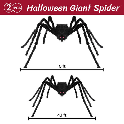 Nirohee 2 Pack Halloween Decorations Outdoor,4.1+5 ft Hairy Giant Spider Halloween Party Decor Large Hairy Spider Scary Fake Large Spiders Props for Yard Decoration Party Decor