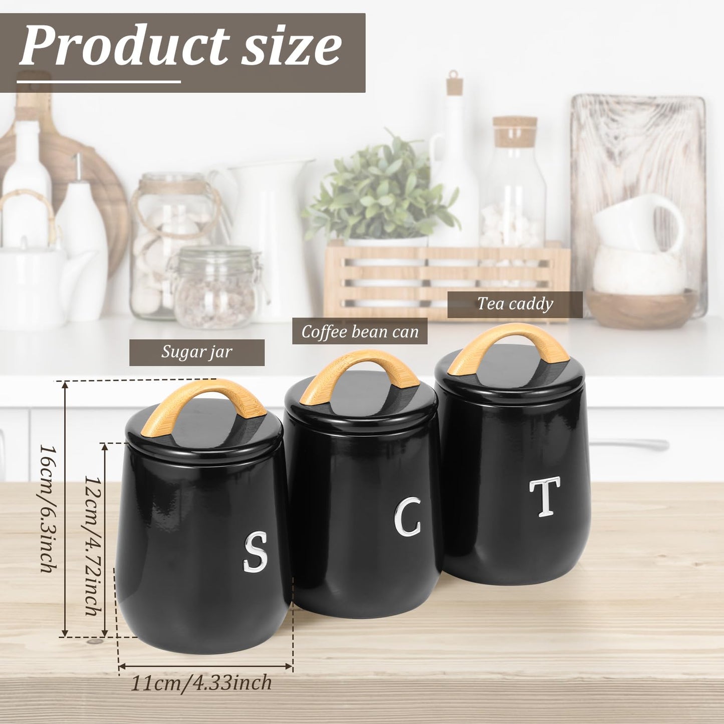 3Pcs Canisters Sets for Kitchen Countertop - Sugar and Coffee Container Set, Metal Moisture Proof Sealed Jar with Label, Kitchen Canisters for Coffee Beans, Tea, Sugar, Salt, Flour, Spices (Black)
