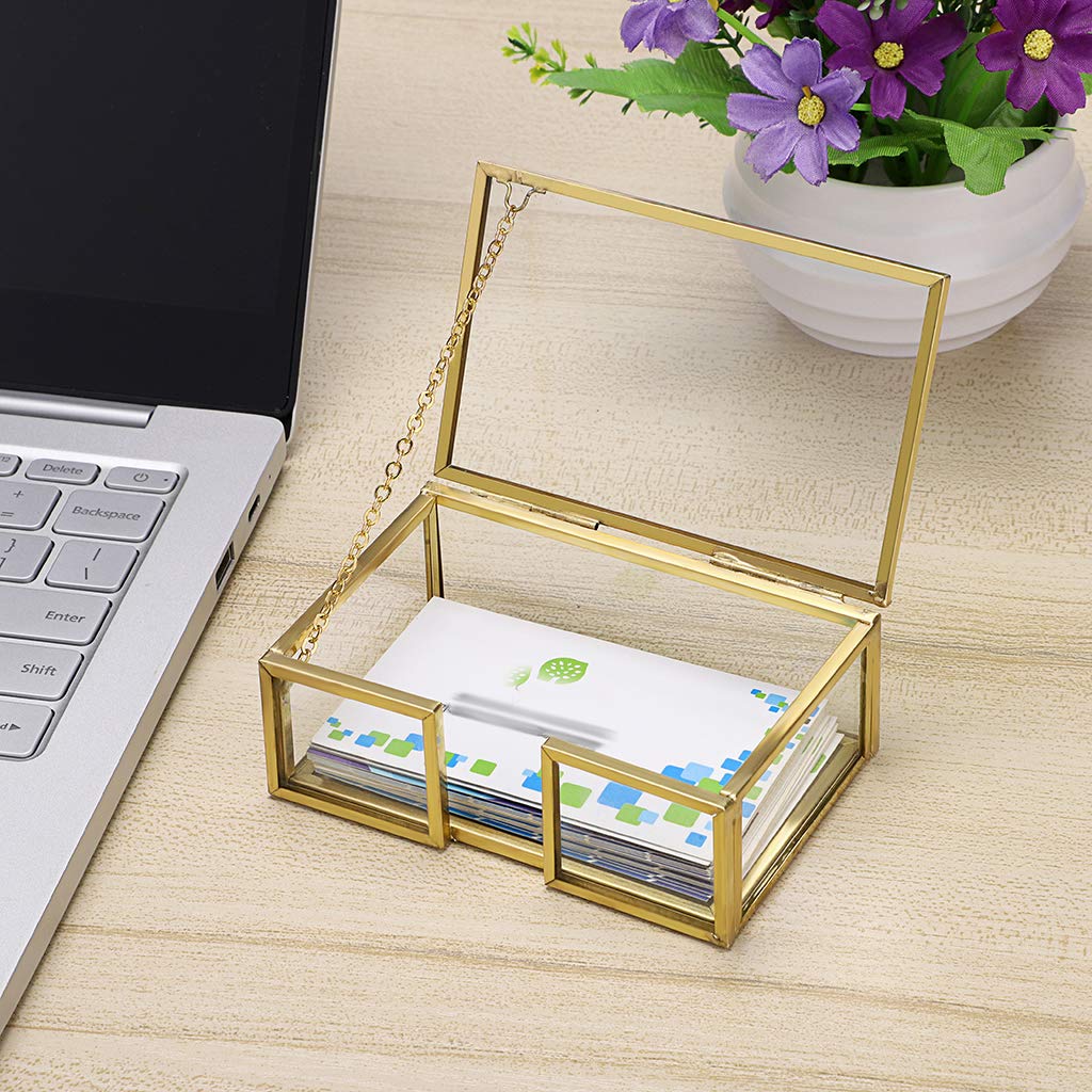 Hipiwe Glass Business Card Holder Box with Lid - Desktop Name Card Display Box Organizer Gold Metal Business card Container Box for Office Countertop