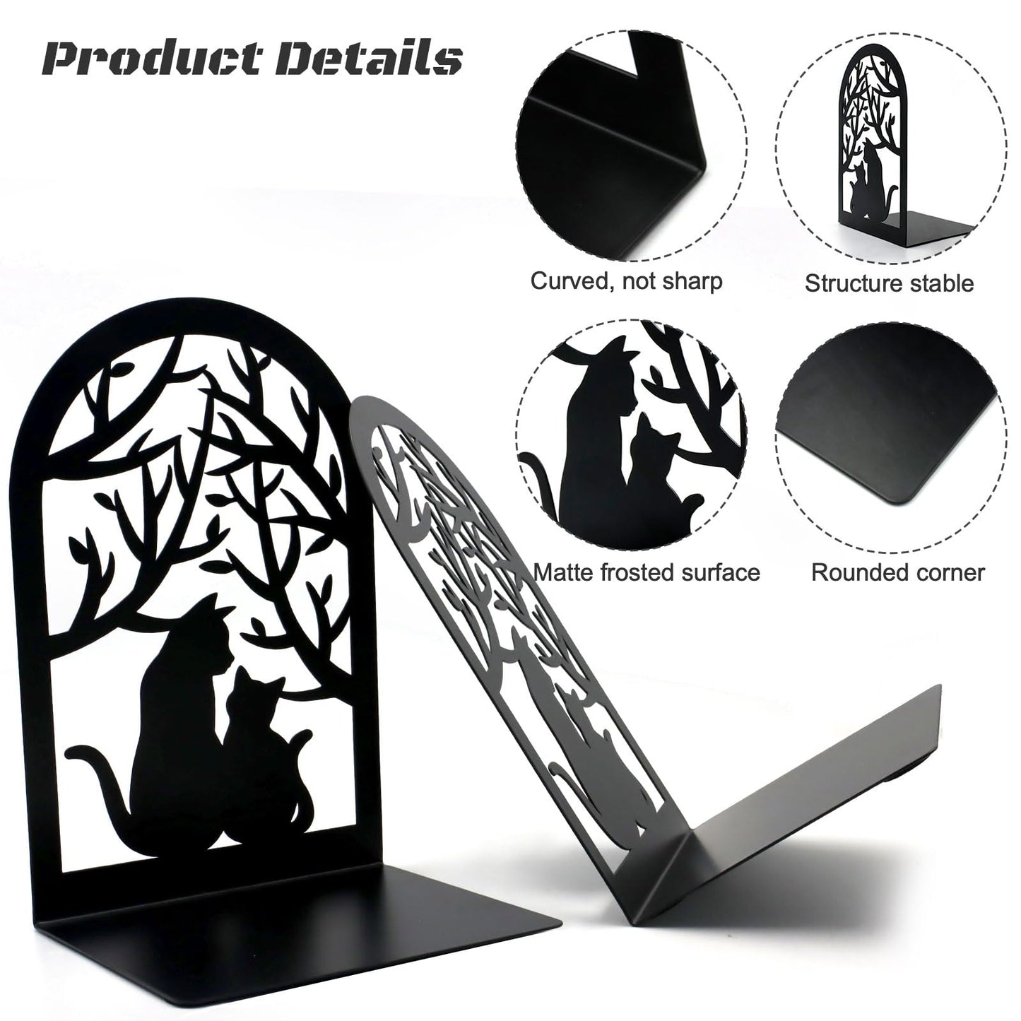 Book Ends, Bookends, Metal Bookend, Cat Decorative Bookends, Bookends for Shelves, Home Decorative Bookends for Heavy Books, Black Non-Skid Book Stopper, 7 x 4.7 x 4 inch (2 Pair)