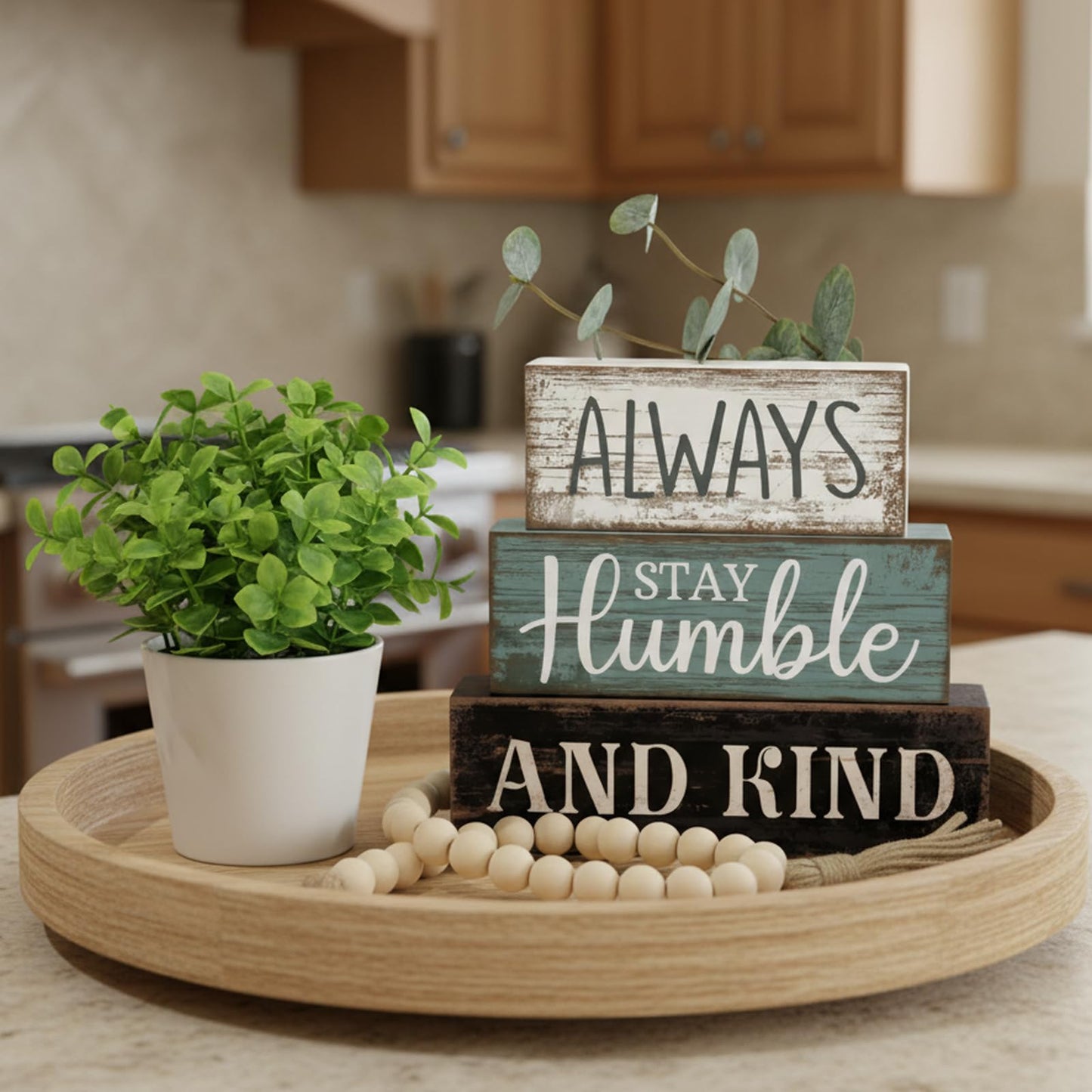 Lineshading 4 Pcs Inspirational Farmhouse Table Decor Always Stay Humble and Kind Stacked Wooden Block Signs with Inspirational Quote Eucalyptus Leaves for Home, Living Room, Shelf Housewarming Gift