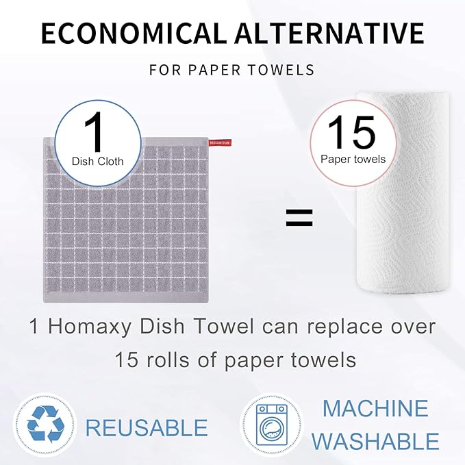 Homaxy 100% Cotton Terry Kitchen Dish Cloths, Ultra Soft and Absorbent Dish