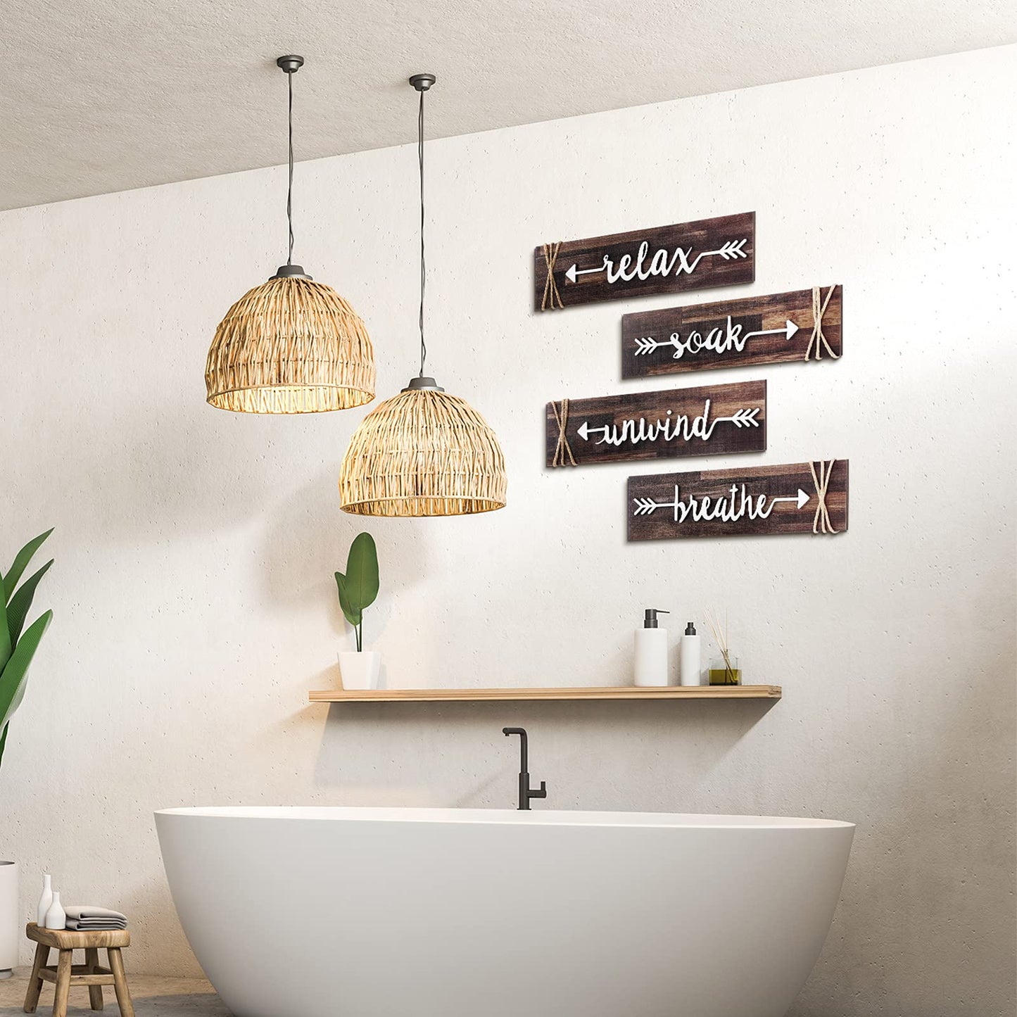 Jetec 4-Piece Farmhouse Rustic Bathroom Wall Art: Soak, Relax, Unwind, Breathe - Brown Wooden Signs with Arrows - Bathroom Decor