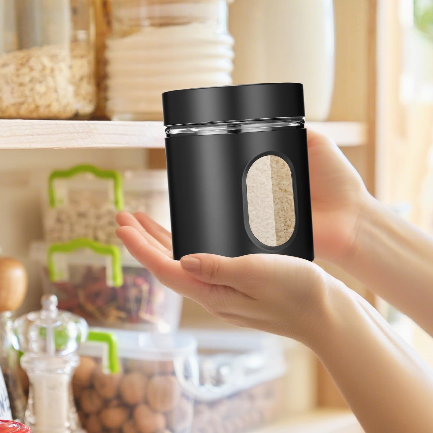 Patelai 6 Pack Kitchen Canisters Set 20 oz Airtight Stainless Steel Canister Food Storage Container with Window Glass, Coffee Sugar Candy Jars Tea Organizer for Flour Cookies Spice Kitchen (Black)