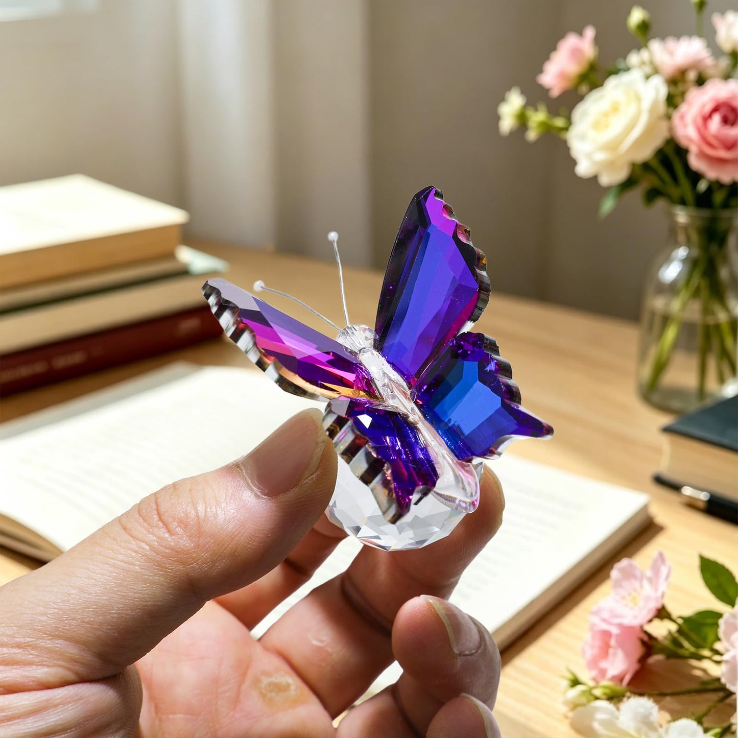 MysticGlitz Purple‑Blue K9 Crystal Butterfly Figurine with Faceted Base, 2.4×1.8in Decor Paperweight Ornament, Collectible Glass Butterfly Statue, Home Decor & Gift for Women Butterfly Lovers