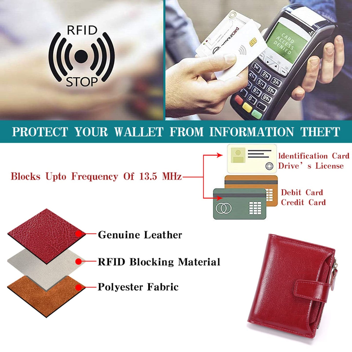 SENDEFN Women's RFID Blocking Leather Small Compact Bi-fold Zipper Pocket Wallet Card Case Purse with ID Window