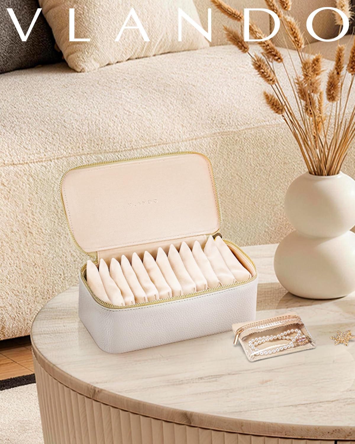 VLANDO Travel Jewelry Case,Jewelry Box with 12 Velvet Jewelry Pouch Jewelry Travel Organizer for Mothers Day Mom Gifts, Jewelry Case Necklace Rings Earrings Bags Wedding Gifts (White)